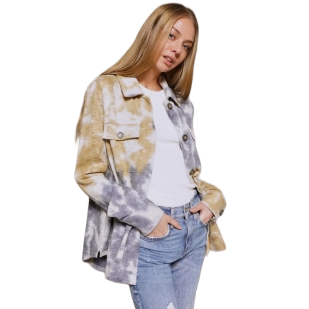 NWT  Mystree  Women's S   Tie-dye  Shacket  Pockets  Camel & Blue - Picture 4 of 7